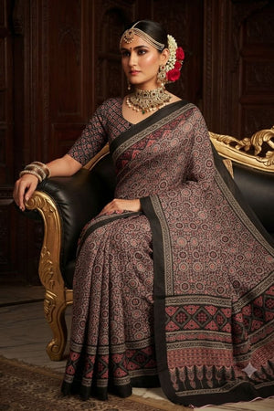 Brown Floral Printed Crepe Saree (ACA9210)