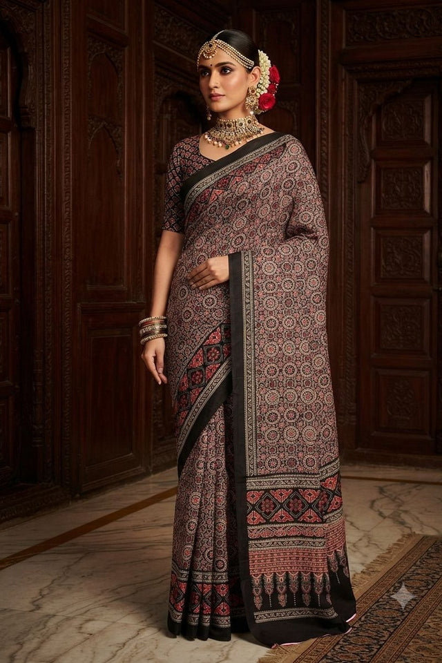 Brown Floral Printed Crepe Saree (ACA9210)