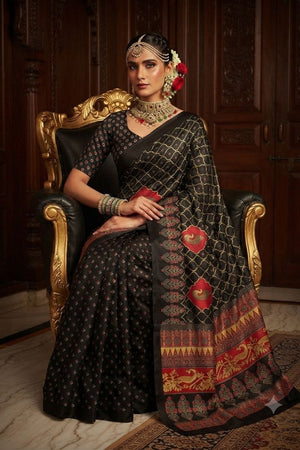 Black Floral Printed Crepe Saree (ACA9211)