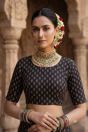 Black Floral Printed Crepe Saree (ACA9211)