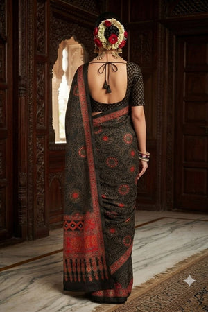 Black Floral Printed Crepe Saree (ACA9213)