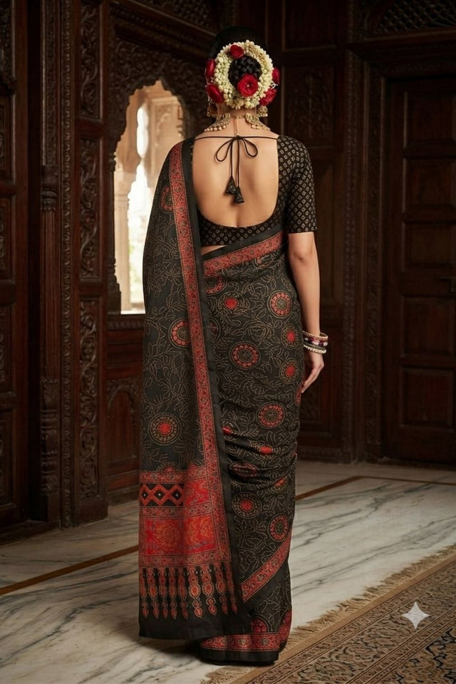 Black Floral Printed Crepe Saree (ACA9213)
