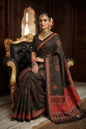 Black Floral Printed Crepe Saree (ACA9213)