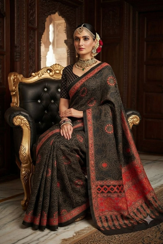 Black Floral Printed Crepe Saree (ACA9213)