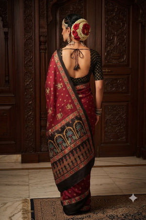 Wine Floral Printed Crepe Saree (ACA9214)