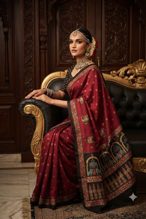 Wine Floral Printed Crepe Saree (ACA9214)