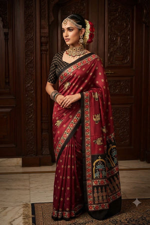 Wine Floral Printed Crepe Saree (ACA9214)
