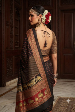 Black Floral Printed Crepe Saree (ACA9215)