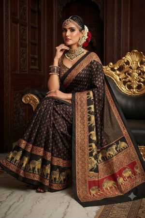 Black Floral Printed Crepe Saree (ACA9215)