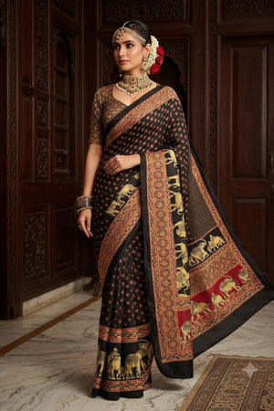 Black Floral Printed Crepe Saree (ACA9215)