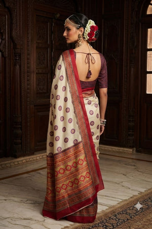 Cream Floral Printed Crepe Saree (ACA9216)