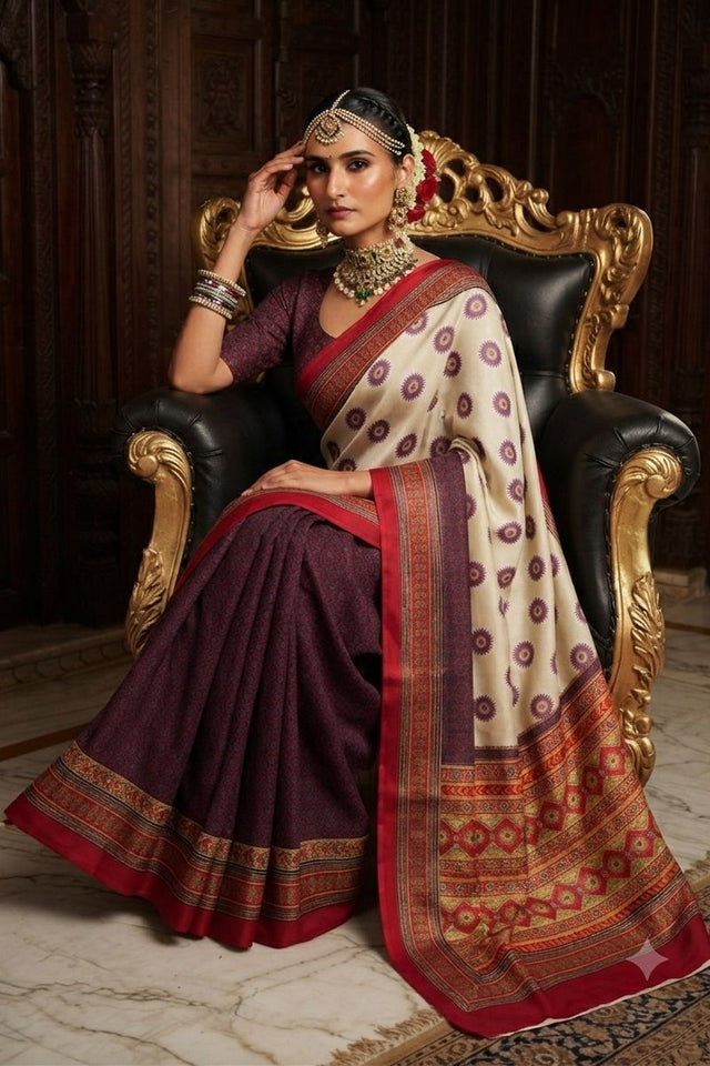 Cream Floral Printed Crepe Saree (ACA9216)