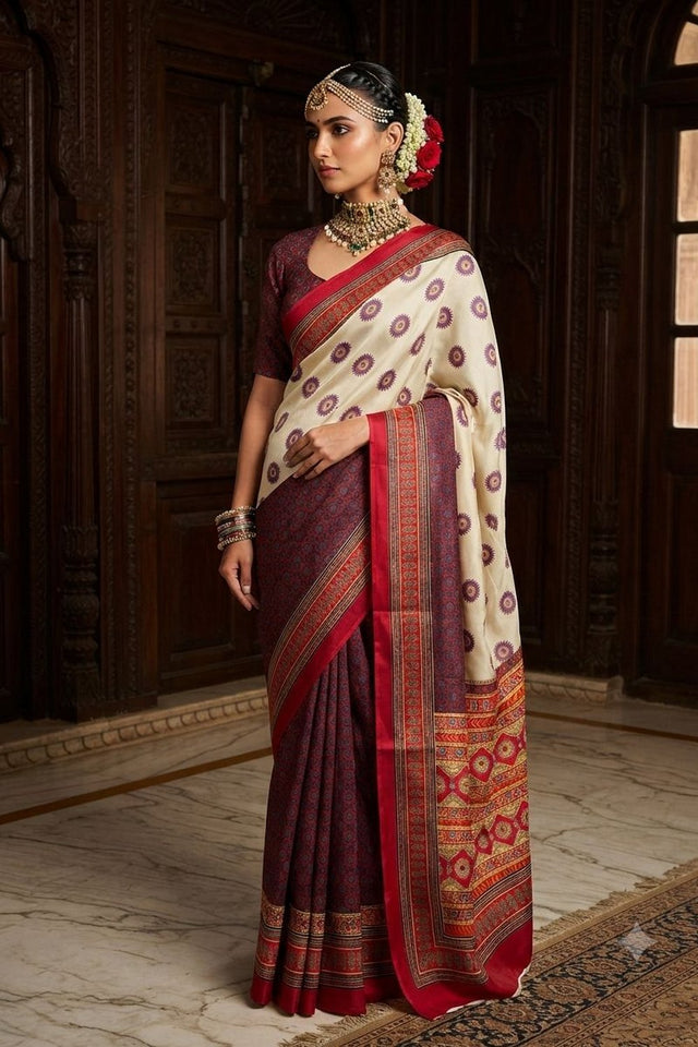 Cream Floral Printed Crepe Saree (ACA9216)
