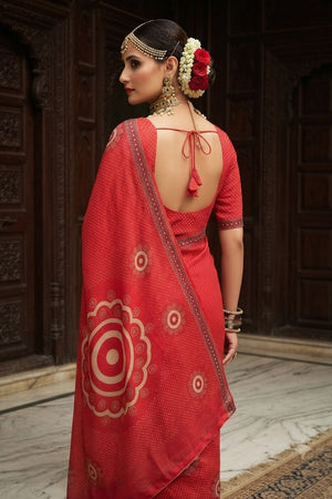 Red Floral Printed Crepe Saree (ACA9217)