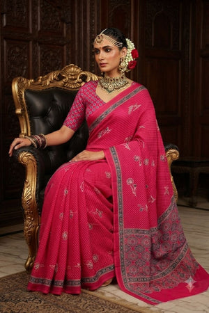 Pink Floral Printed Crepe Saree (ACA9218)