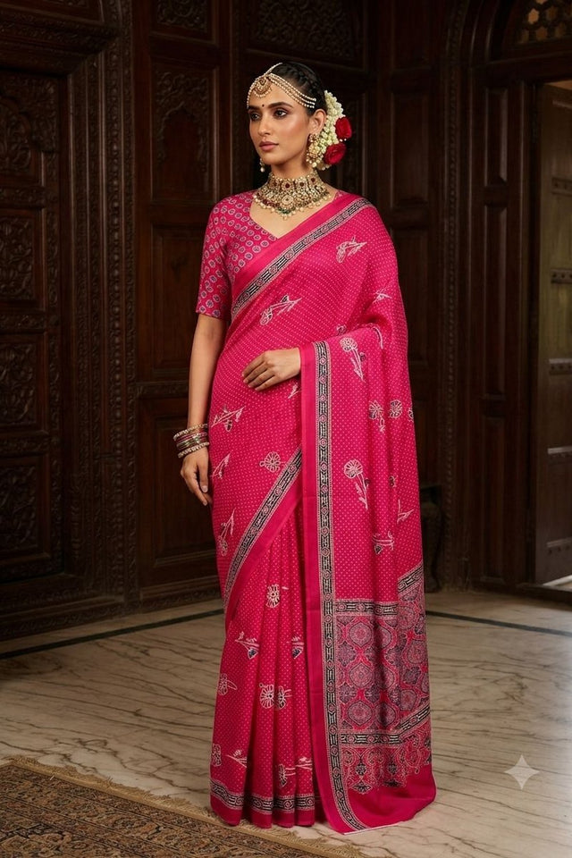 Pink Floral Printed Crepe Saree (ACA9218)