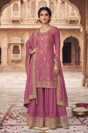 Purple Heavy Embroidered Chinon Free Size Stithced Sharara Suit (ACA9219)