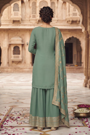 Blue Heavy Embroidered Chinon Free Size Stithced Sharara Suit (ACA9220)