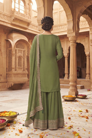 Green Heavy Embroidered Chinon Free Size Stithced Sharara Suit (ACA9222)