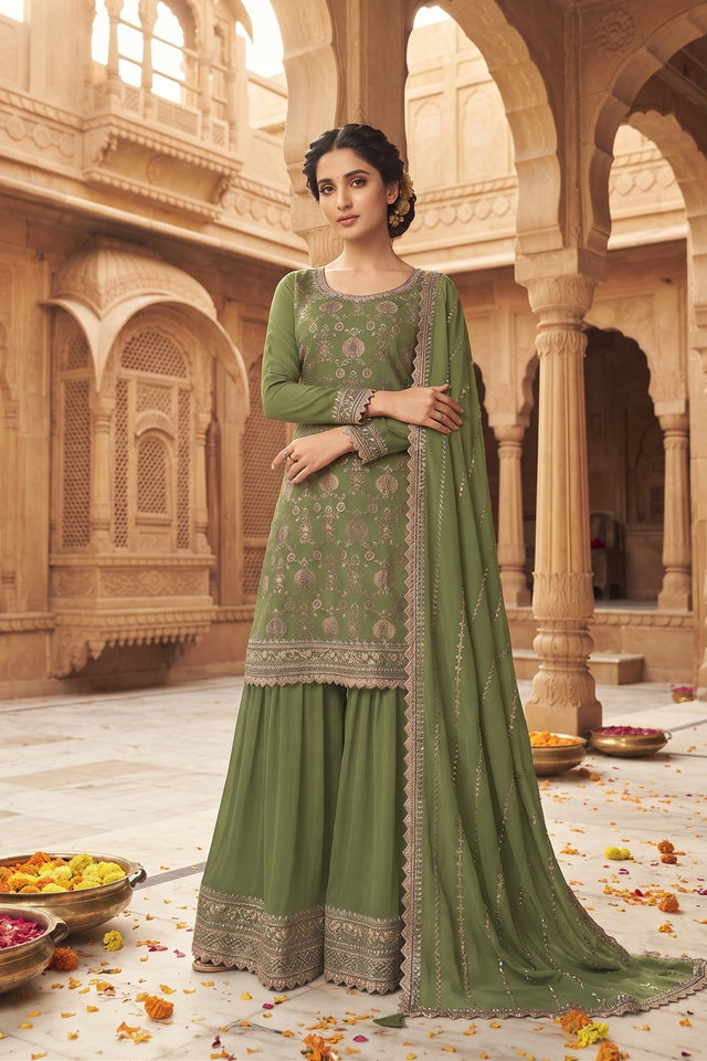 Green Heavy Embroidered Chinon Free Size Stithced Sharara Suit (ACA9222)