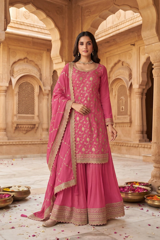 Pink Heavy Embroidered Chinon Free Size Stithced Sharara Suit (ACA9223)