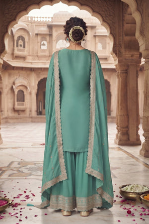 Turquoise Heavy Embroidered Chinon Free Size Stithced Sharara Suit (ACA9224)