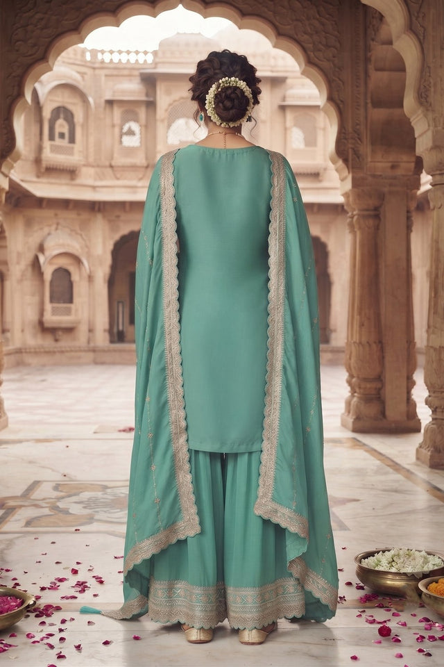 Turquoise Heavy Embroidered Chinon Free Size Stithced Sharara Suit (ACA9224)