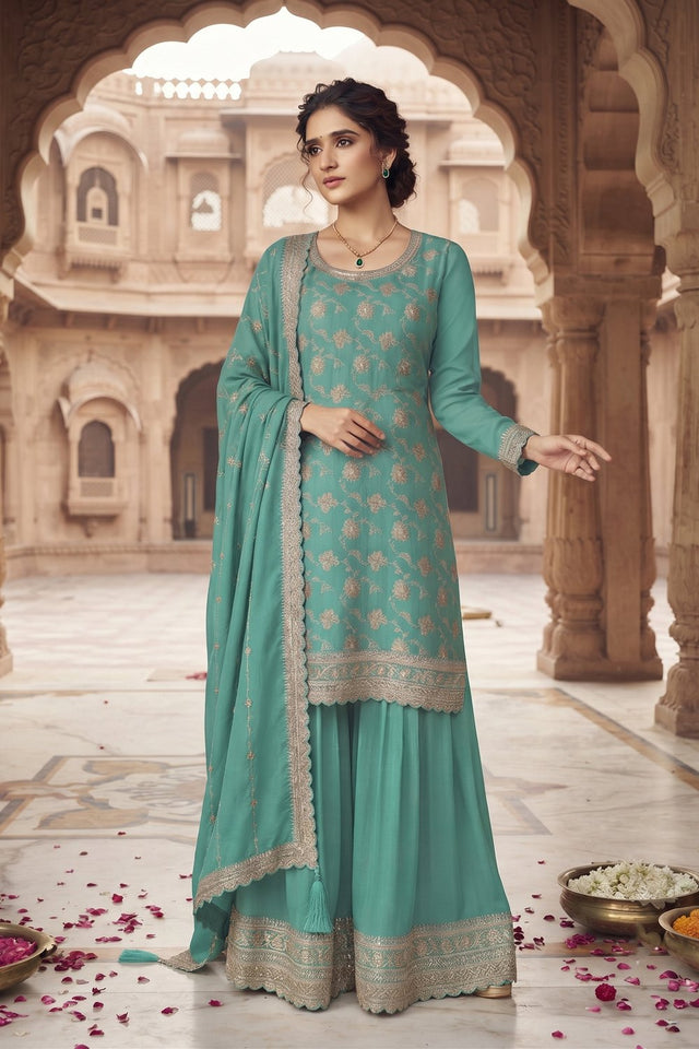 Turquoise Heavy Embroidered Chinon Free Size Stithced Sharara Suit (ACA9224)