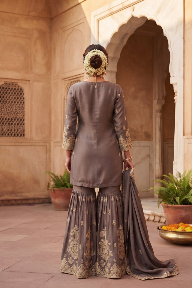 Grey Heavy Embroidered Chinon Free Size Stithced Sharara Suit (ACA9225)