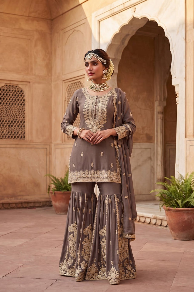 Grey Heavy Embroidered Chinon Free Size Stithced Sharara Suit (ACA9225)