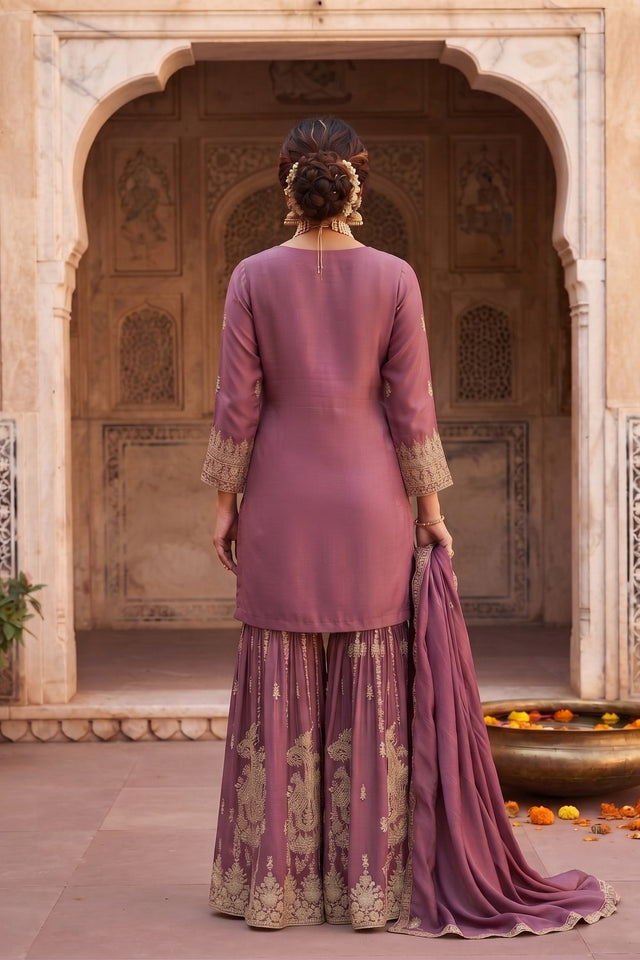 Pink Heavy Embroidered Chinon Free Size Stithced Sharara Suit (ACA9227)
