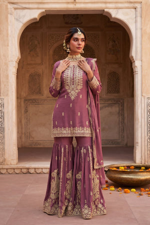 Pink Heavy Embroidered Chinon Free Size Stithced Sharara Suit (ACA9227)