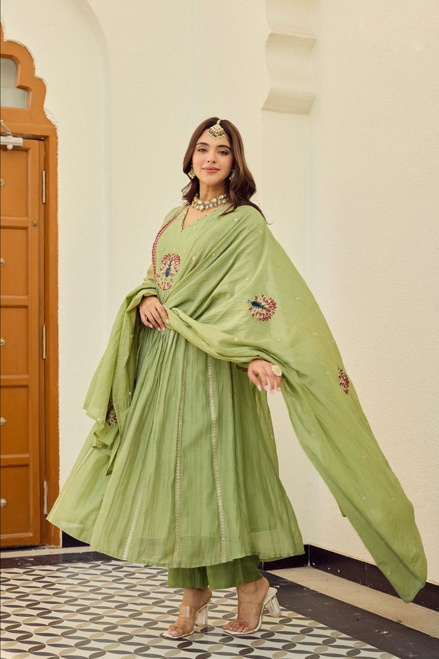 Green Embroidered Chanderi Anarkali Suit (ACA9228)