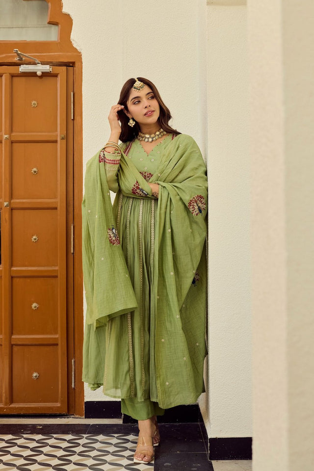 Green Embroidered Chanderi Anarkali Suit (ACA9228)
