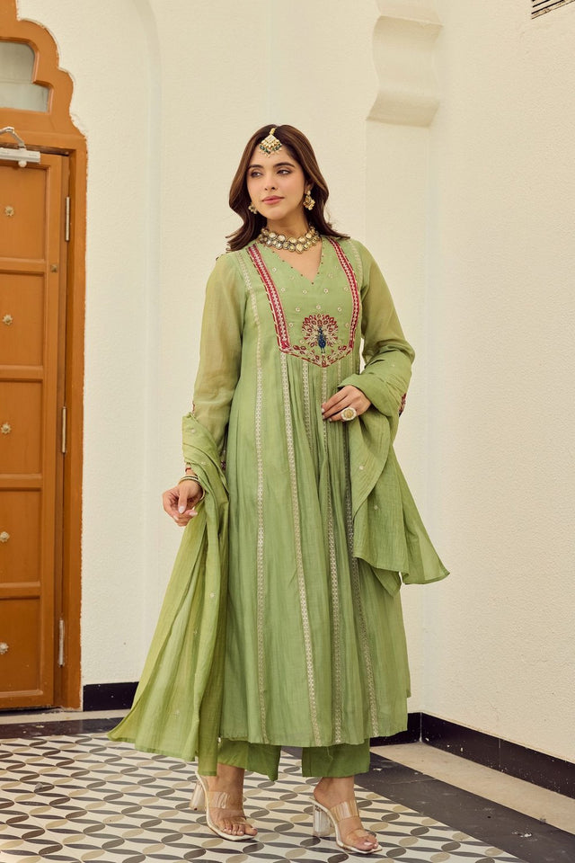 Green Embroidered Chanderi Anarkali Suit (ACA9228)