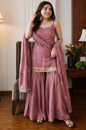 Peach Embroidered Silk Sharara Suit (ACA9230)