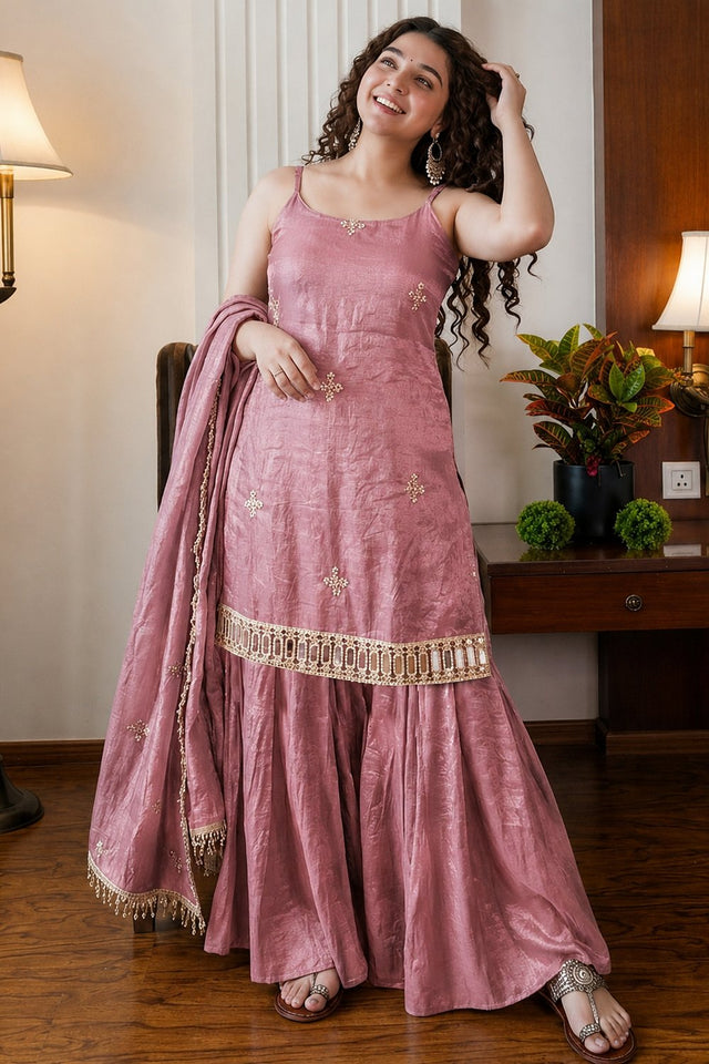 Peach Embroidered Silk Sharara Suit (ACA9230)