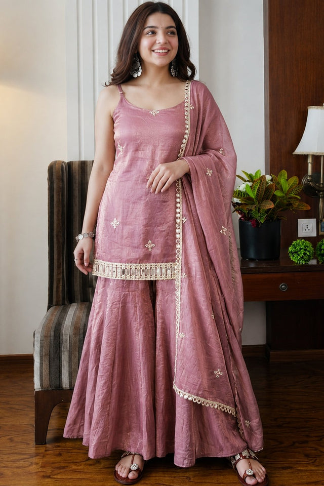 Peach Embroidered Silk Sharara Suit (ACA9230)