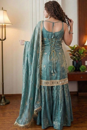 Turquoise Embroidered Silk Sharara Suit (ACA9231)