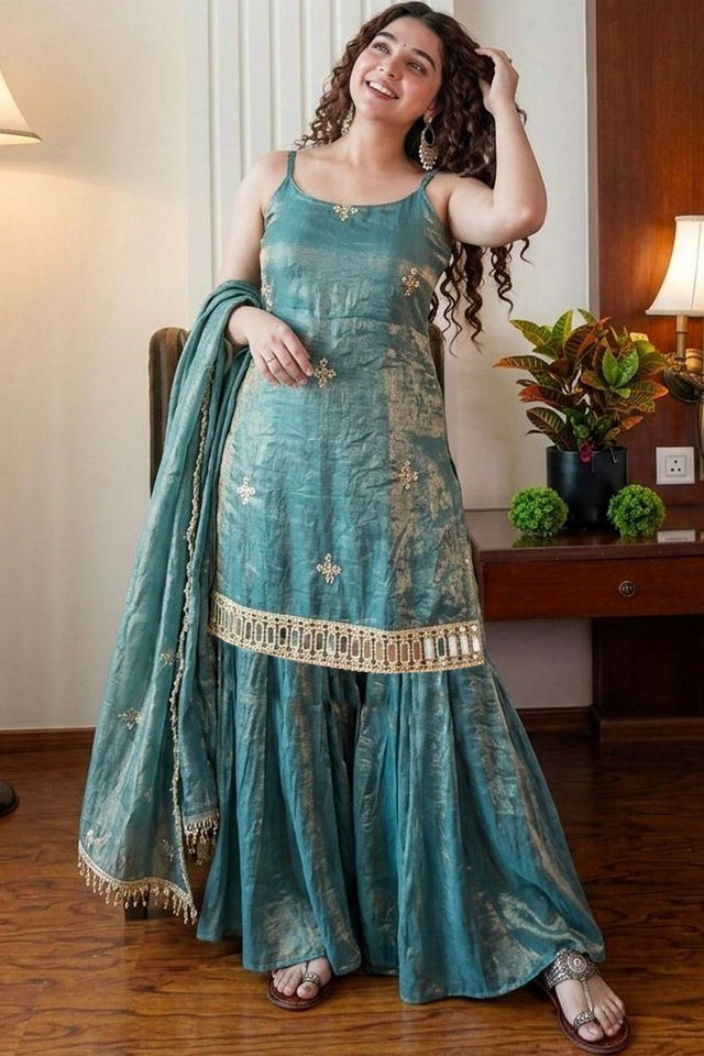 Turquoise Embroidered Silk Sharara Suit (ACA9231)