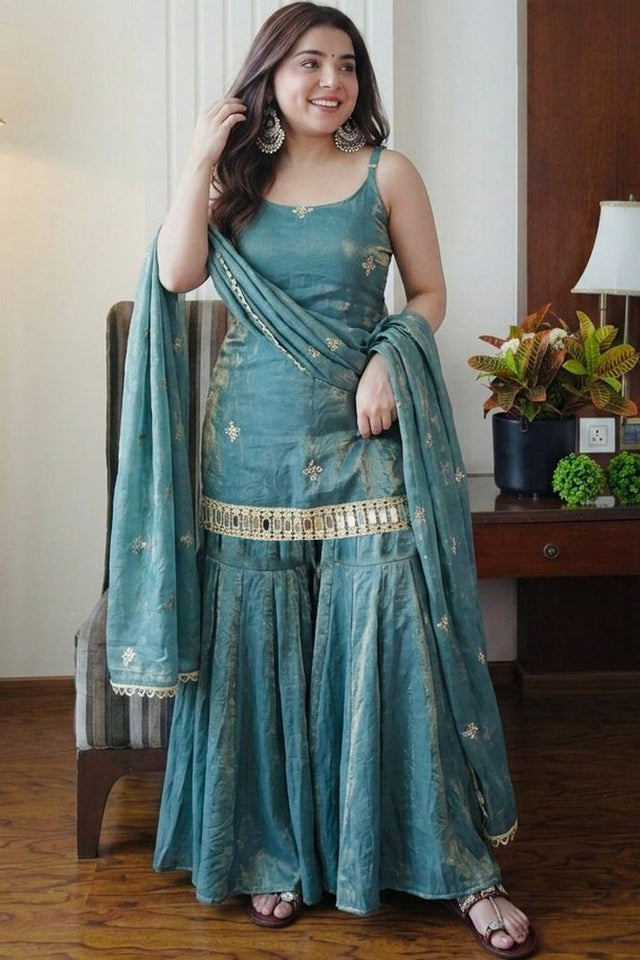 Turquoise Embroidered Silk Sharara Suit (ACA9231)