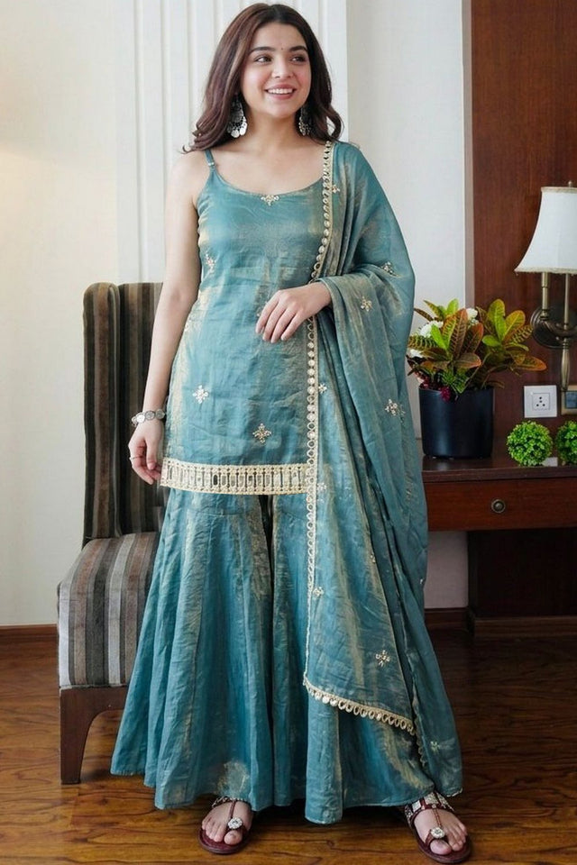 Turquoise Embroidered Silk Sharara Suit (ACA9231)