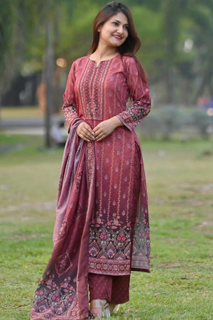 Maroon Floral Printed Cotton Straight Cut (ACA9233)