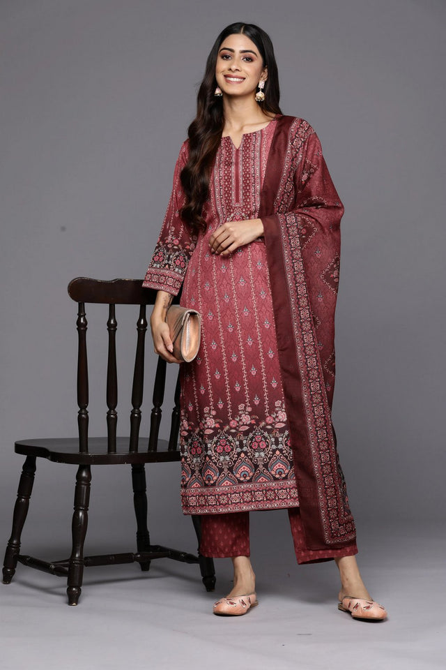 Maroon Floral Printed Cotton Straight Cut (ACA9233)