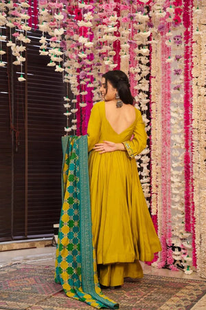 Mustard Embroidered Chanderi Anarkali Suit (ACA9234)