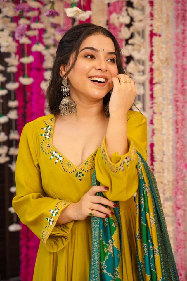 Mustard Embroidered Chanderi Anarkali Suit (ACA9234)