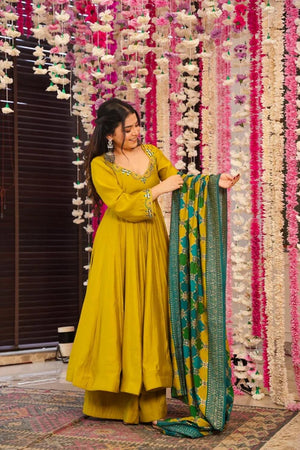 Mustard Embroidered Chanderi Anarkali Suit (ACA9234)