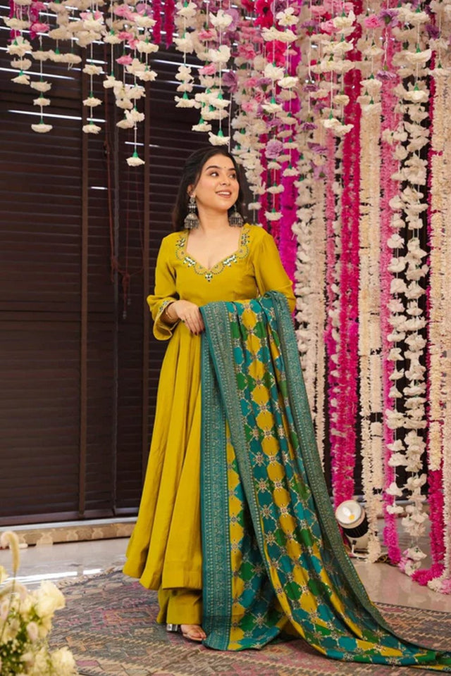 Mustard Embroidered Chanderi Anarkali Suit (ACA9234)