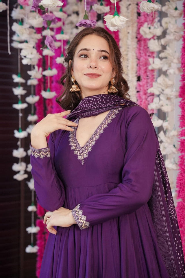 Wine Embroidered Chanderi Anarkali Suit (ACA9235)