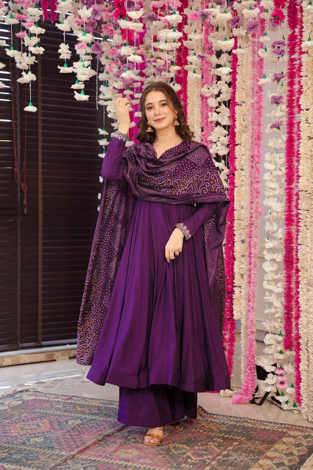 Wine Embroidered Chanderi Anarkali Suit (ACA9235)